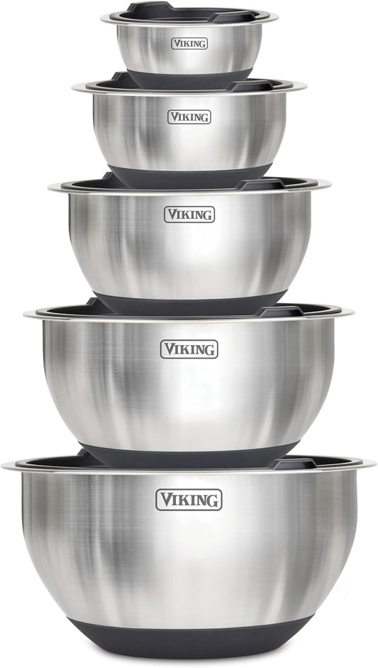 Viking Mixing Bowls Set, 10 Piece Stainless Steel Kitchen Cookware, Non-Slip Silicone Base, Includes Tight Fit Lids, Dishwasher Safe, Grey