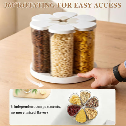 6 Grids 360° Rotating Cereal Dispenser Countertop - 7 lbs Rice Dispenser for Pantry Kitchen - Small Food Storage Containers Set with Lids - Grain Cereal Storage Container for Oats, Flour, Bean