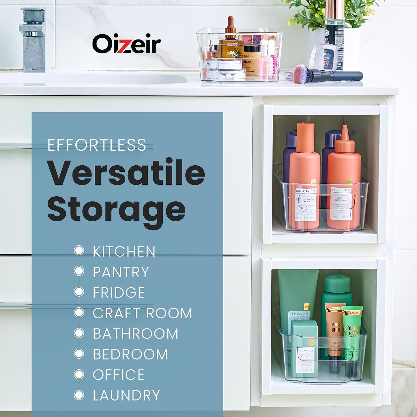 Oizeir Clear Pantry Organizer Bins 8-Pack - Fridge Organizer with 3 Removable Dividers, Ideal for Kitchen, Pantry, Refrigerator, Freezer, and Snack Storage