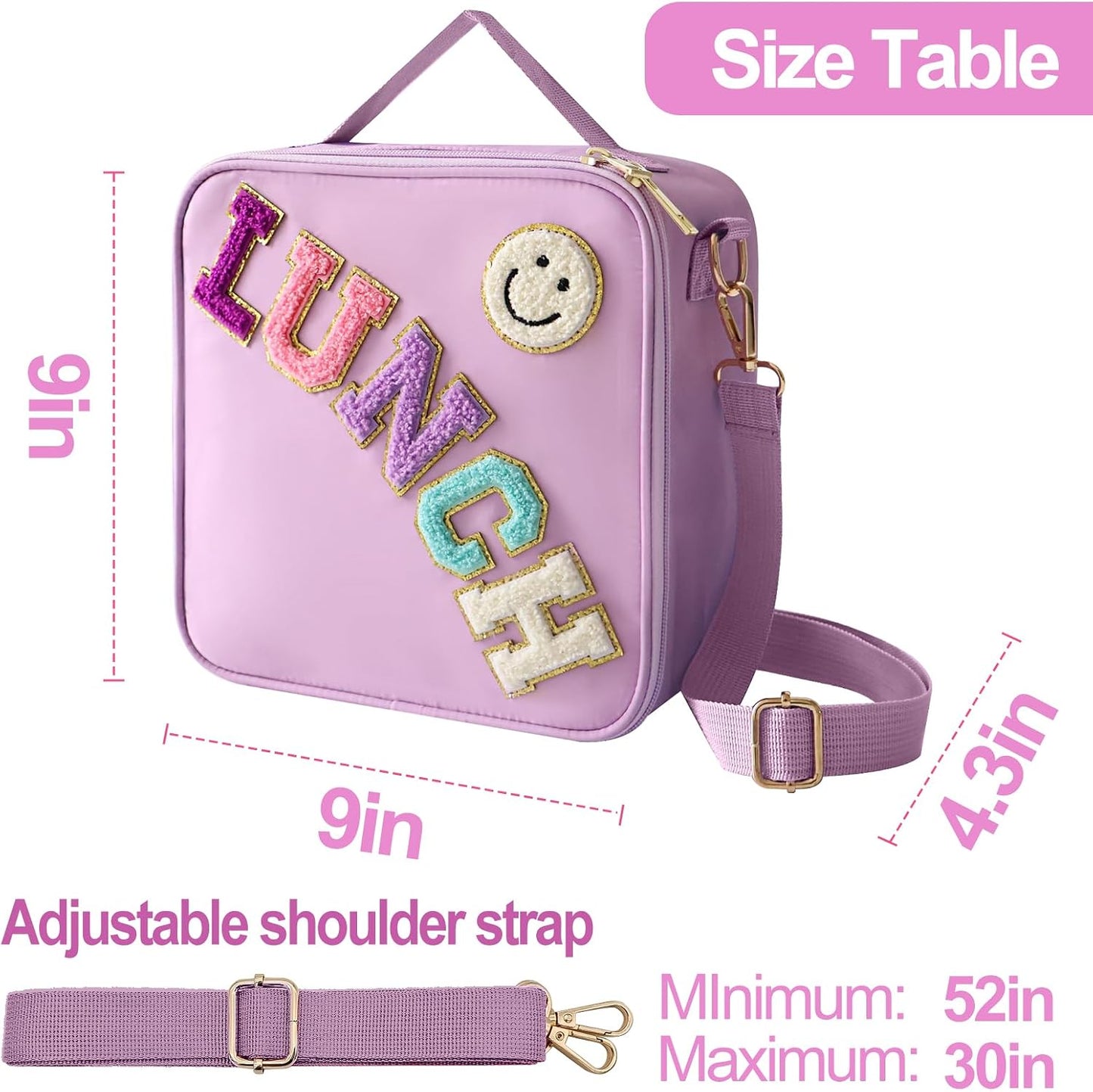 Insulated Lunch Bag With Adjustable Shoulder Strap, Nylon Preppy Lunch Box Large Insulated Lunch Bag Reusable Lunch Tote Bag with Smiley Preppy LunchBag for Girls School Travel Picnic (Green)