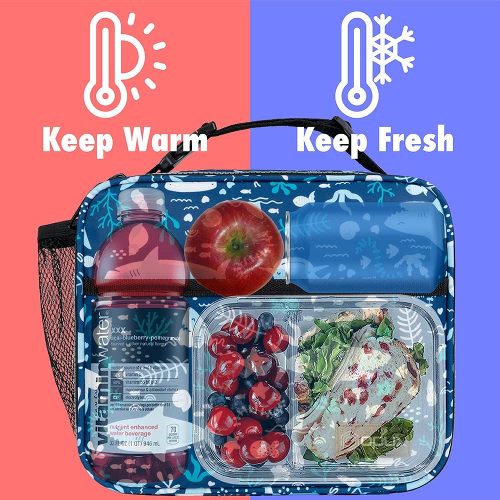 opux Insulated Lunch Bag Kids, Lunch Box for School Boy Girl, Leakproof Small Reusable Compact Soft Mini Cooler Bag, Toddler Small Lunch Boxes Kit Pail with Front Side Pockets (Purple)