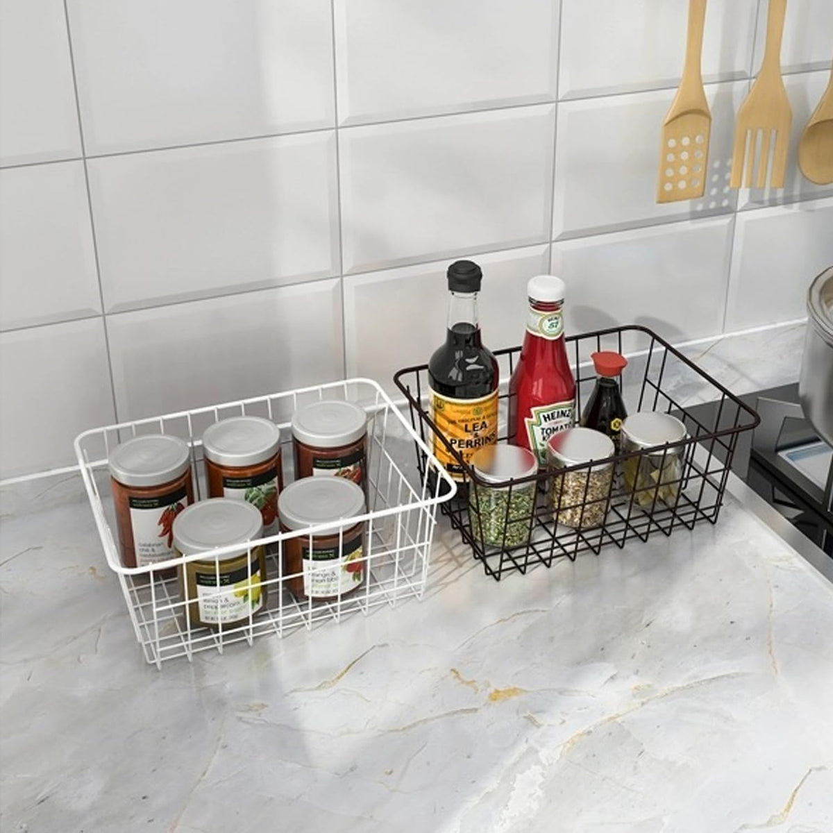 Redrubbit Wire Storage Baskets, Large Farmhouse Metal Freezer Basket Storage Organizer Bins with Handles for Kitchen Cabinets, Pantry, Closets, Bedrooms, Bathrooms, Set of 6, White