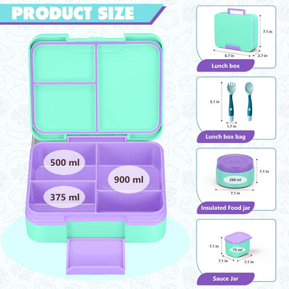 Bento Box Set with 9.5oz Soup Thermo Kids Leak-proof Lunch Box Container with 4 Compartment Stainless Steel Insulated Hot Food Jar with Bag for School Travel - Pink