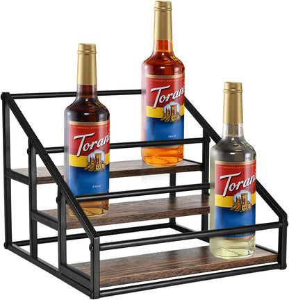 YQBRAO Coffee Syrup Rack Organizer,Liquor Bottle Display Shelf,2-Tier 4 Bottle Stand for Coffee Bar, Kitchen Station, Liquor, Wine, Dressing,Rustic Brown