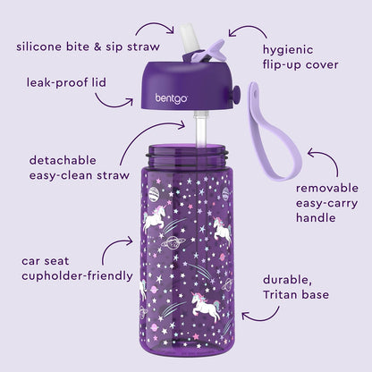 Bentgo Kids Water Bottle - Leak-Proof, Durable Tritan PFAS- & BPA-Free 15 fl oz, Kids/Toddlers Ages 3+ for School & Sports; Bite & Sip Spout, Carrying Handle, Dishwasher Safe (Unicorn)