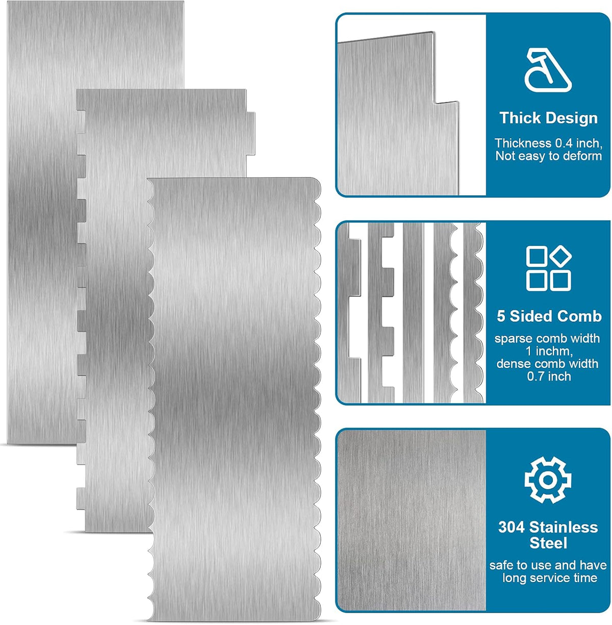 Patelai 3 Pcs Stainless Steel Cake Scraper, Double Pattern Edges