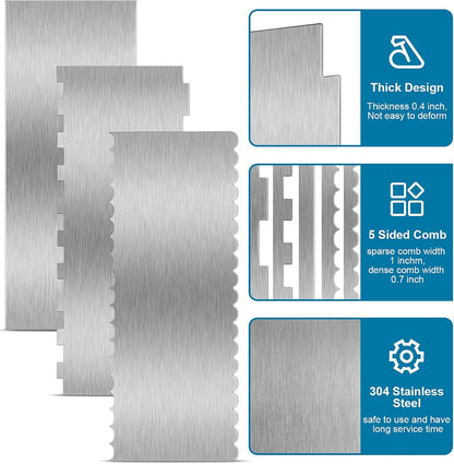 Patelai 3 Pcs Stainless Steel Cake Scraper, Double Pattern Edges