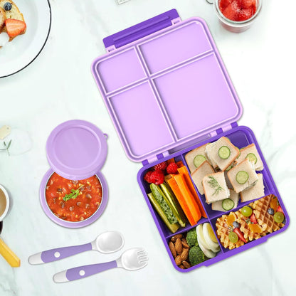 Aimsnk Kids Bento Lunch Box with 8oz Soup Thermo, Kids Leakproof Lunch Food Containers with 4 Compartment,Insulated Hot Food Jar with Lunch Bag for School, Travel (Pink)