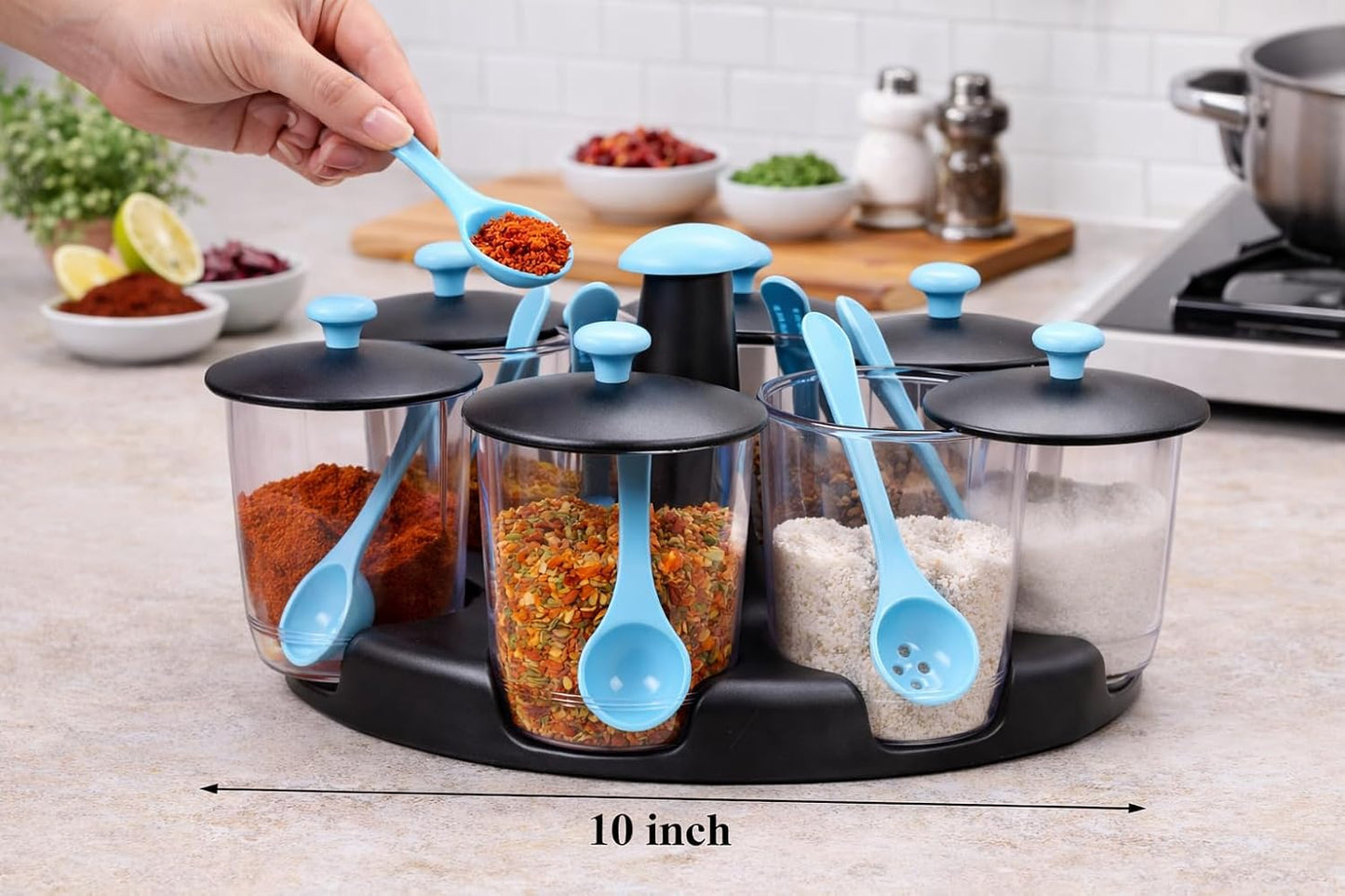 Multipurpose Pickle Jar for Dining Table Revolving Plastic Multi Purpose Achaar Pickle Container Chutney Tray Mukhvas Dining Spice Stand Masala Tray Transparent (Multi Color)