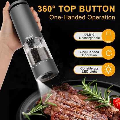 EIHO Electric Salt and Pepper Grinder Set USB Rechargeable, Upgraded External Adjustable Coarseness, Stainless Steel Automatic Salt and Pepper Shakers Mills with LED Light, House Warming Cooking Gifts