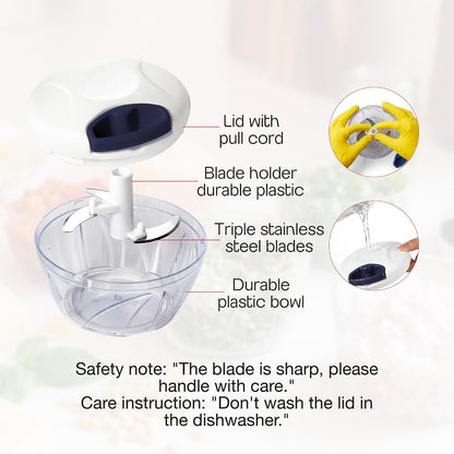 Pull String Food Chopper, 500 mL Manual Vegetable Cutter