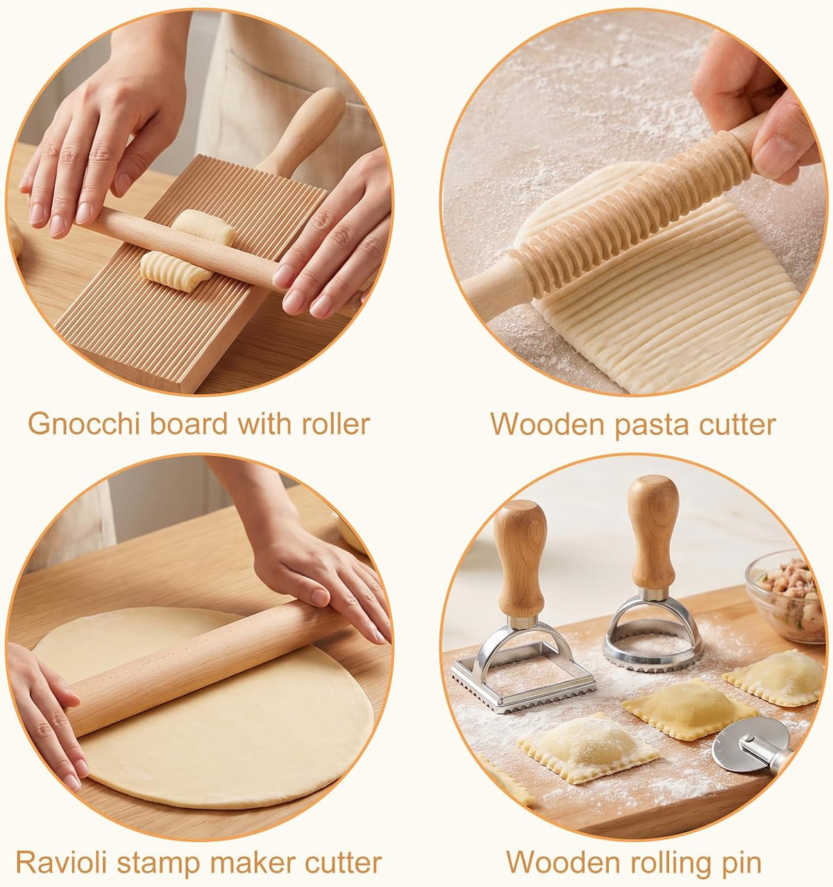 Pasta Making Tools 7Pcs Wood Gnocchi Board Ravioli Stamp Roller