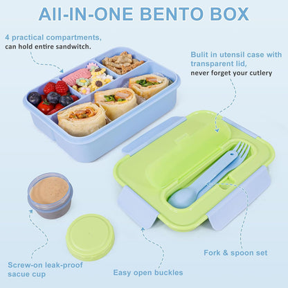 Caperci Bento Box for Kids - 50oz Larger Lunch Box Containers for Kids, Reinforced Leakproof, Built-in Sauce Cup, Utensils, 4 Compartments, BPA-Free Microwave & Dishwasher Safe (Lavender Pop)