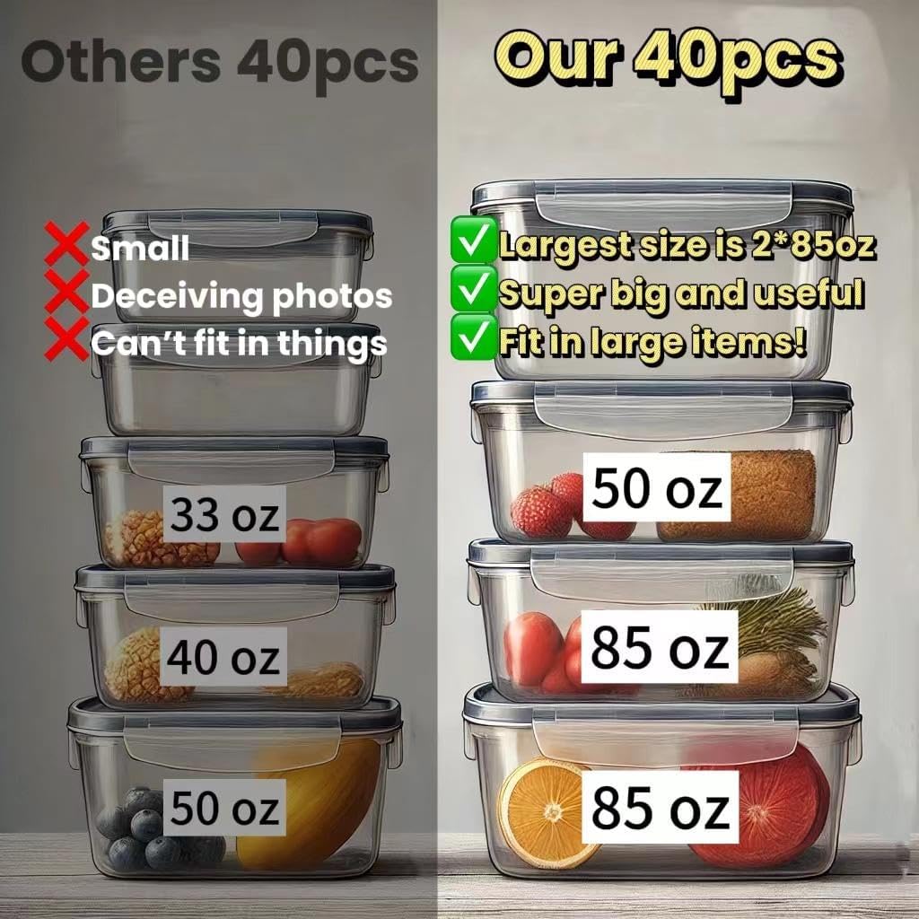 AISOON 40 Pcs 85oz Food Storage Containers with Lids, Airtight BPA-Free Leakproof Reusable Kitchen Containers, Freezer Safe Meal Prep & Pantry Organizer Set, Microwave & Dishwasher Safe