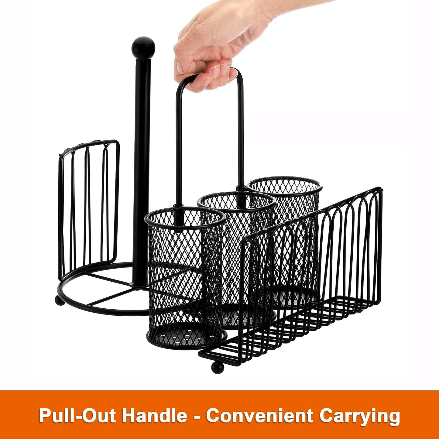 Elsjoy Picnic Utensil Holder Caddy with Handle & Paper Towel Holder, Metal Silverware Organizer Portable Flatware Holder for Cutlery, Fork, Spoon, Plate, Napkin