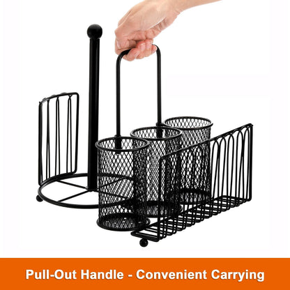 Elsjoy Picnic Utensil Holder Caddy with Handle & Paper Towel Holder, Metal Silverware Organizer Portable Flatware Holder for Cutlery, Fork, Spoon, Plate, Napkin