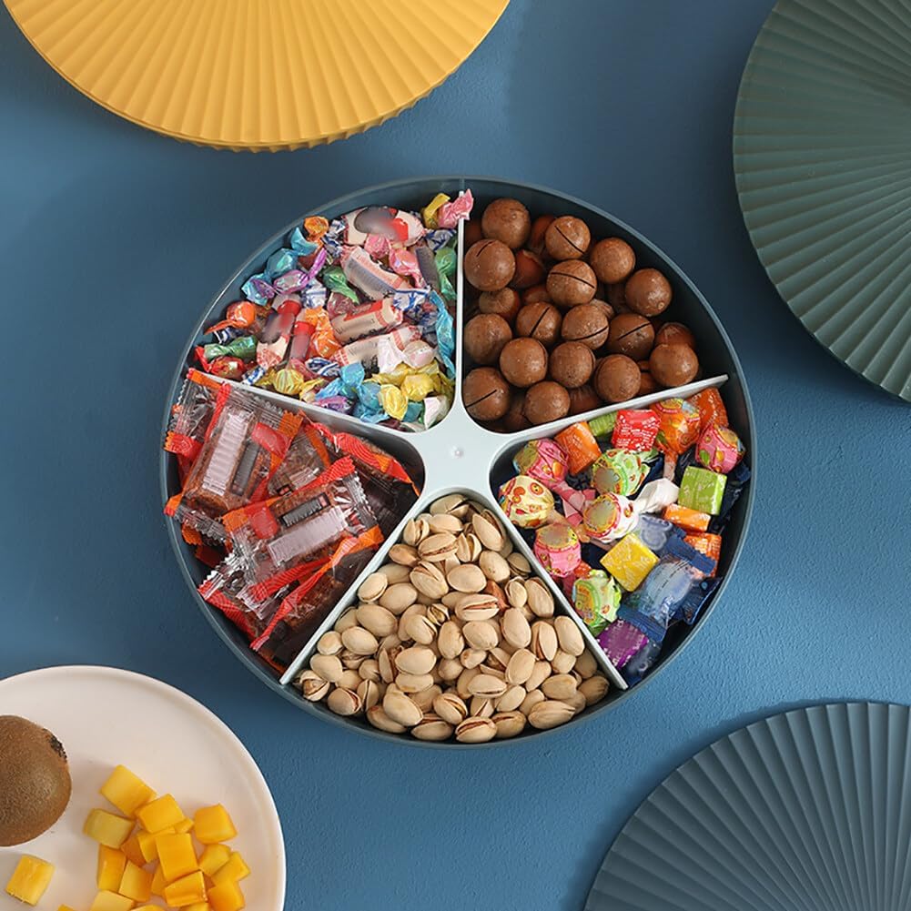 Surakey 12" Appetizer Tray Snack Serving Tray with Lid 5 Compartments 360 Degrees Rotatable Plastic Food Storage Organizer for Dried Fruits Nuts Candies Sweet Cookies (Blue)