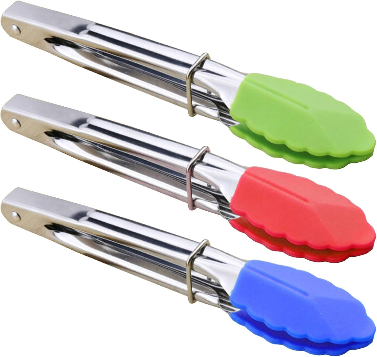 HINMAY Mini Stainless Steel Food Tongs with Silding Rings 7-Inch, Set of 6 | Small Clam Shell Service Tongs for Serving Appetizers, Desserts, Salads, Barbecue and Cooking (Silver)