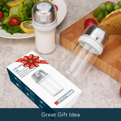 KTCHENDAO 2 in 1 Glass Salt and Pepper Shaker with Side Pour Spout, Built-in Lid for Moisture-proof, Elegant Borosilicate Glass Salt Pepper Dispenser set for Kitchen, BPA Free, 4oz (White)