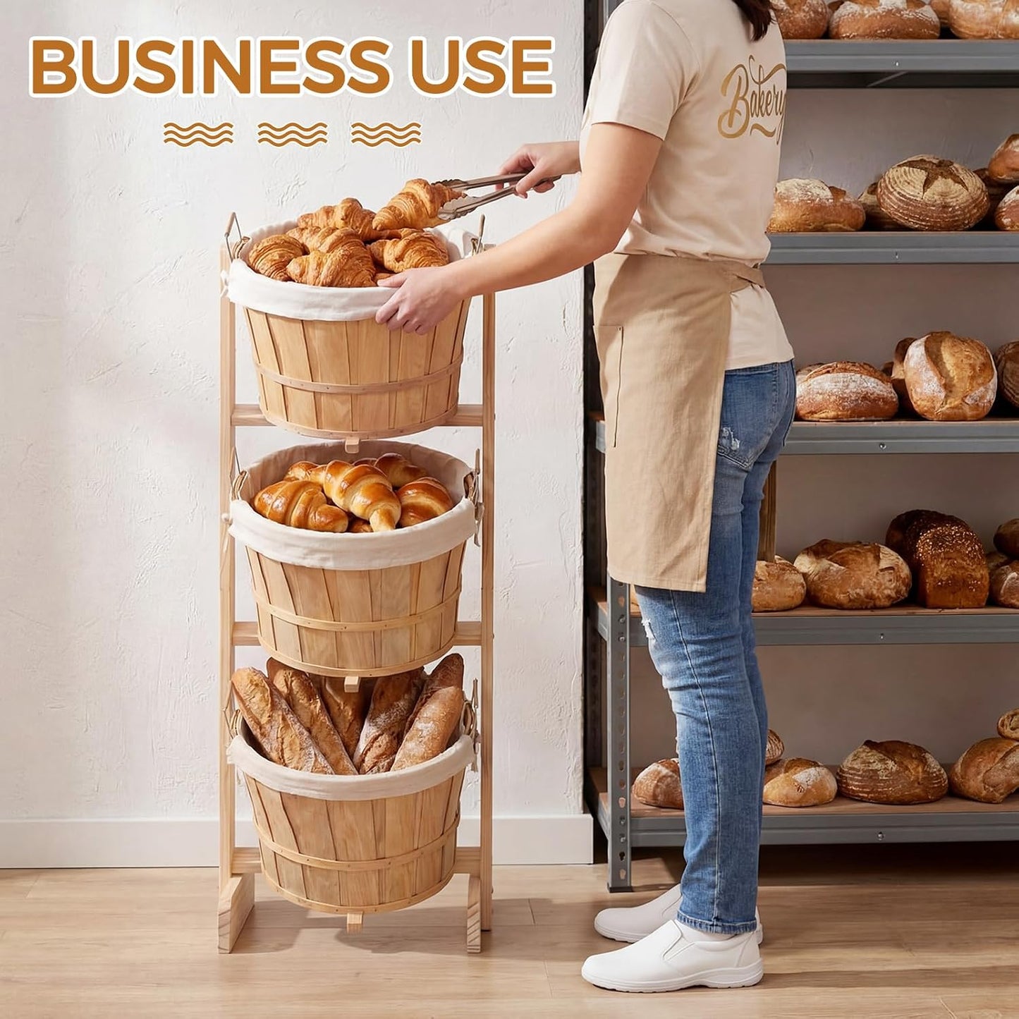Gerrii 1 Pcs Large Solid Wood Bushel Barrel Display with 3 Half Bushel Basket, Farmers Market Floor Display with Handles, Retail Harvest Basket for Fruit, Vagatables, Candy, Small Crafts, Produce