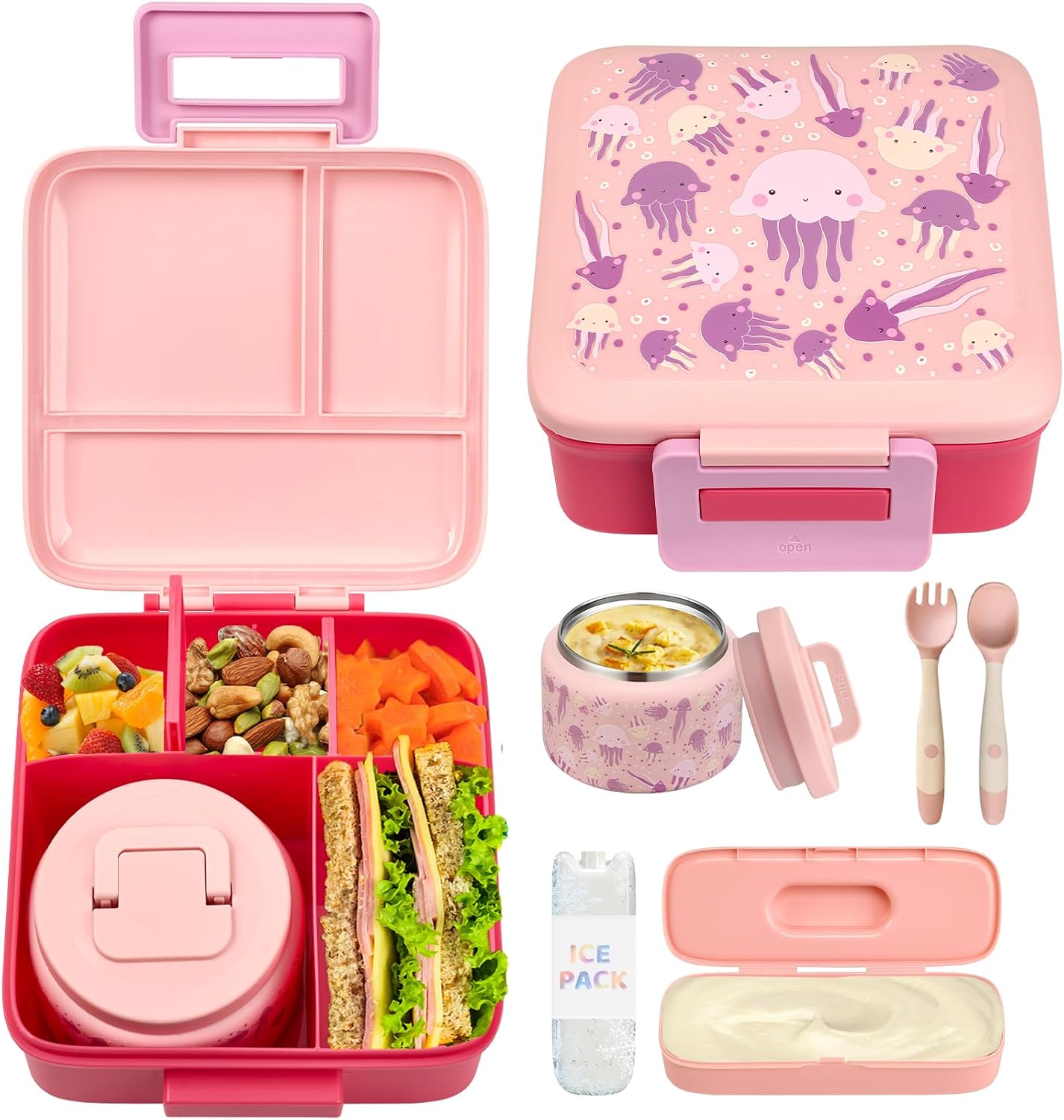 JXXM Bento Lunch Box for Kids With 8oz Soup thermo,Leak-proof Lunch Containers with 5 Compartment,thermo Food Jar and Lunch Bag, Food Containers for School (A-Blue(Extreme Locomotive))