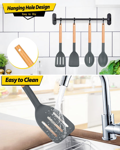 Pack of 4 Silicone Cooking Utensils Set, Non Stick Solid Spatulas and Heat Resistant Slotted Spoons with Wooden Handle, Ideal Wood Kitchen Utensils Set for Frying,Serving,Turning,Stirring (KHAKI)