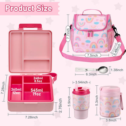 Bento Lunch Box for Kids with 17oz Soup Thermo,Insulated Tumbler Water Bottle and Insulated Lunch Bag,Leak-Proof 3 Compartment Lunch Food Container with Ice Pack for Kids to School-Horse