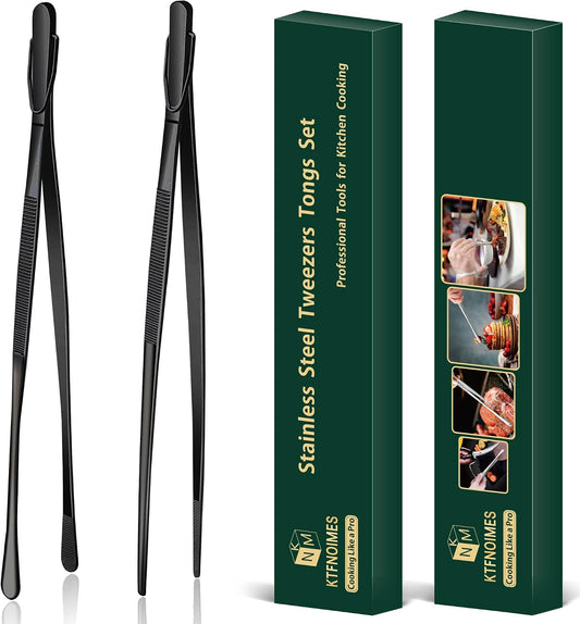 2 Pcs 12-Inch Cooking Tweezers Fine Tweezer Tongs, Extra-Long Stainless Steel Kitchen Tweezers, for Grilling, Serving, and Food Preparation,Silver