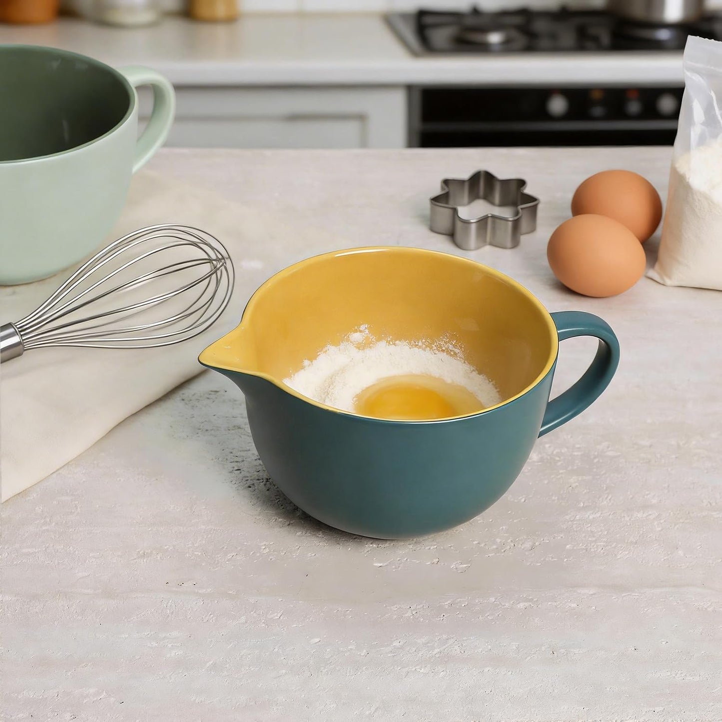 Gaolinci Simple Solid Color Kitchen Ceramic Mixing Bowl, 1 Quart Large Bowl, with Pouring Spout and Handle