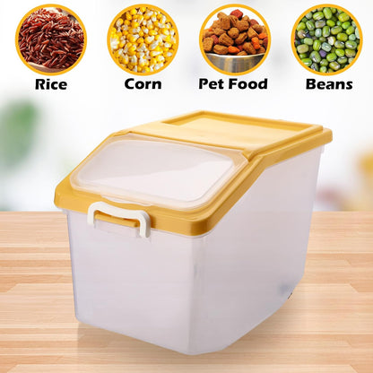 Sunnyray 4 Pcs Rice Storage Container Bulk 27.6 lb Airtight Flour Container with Wheels and Lids Measuring Cup Clear Pet Food Dog Birds Cat Food Bin Grain Cereal Organizer Box(Cream)