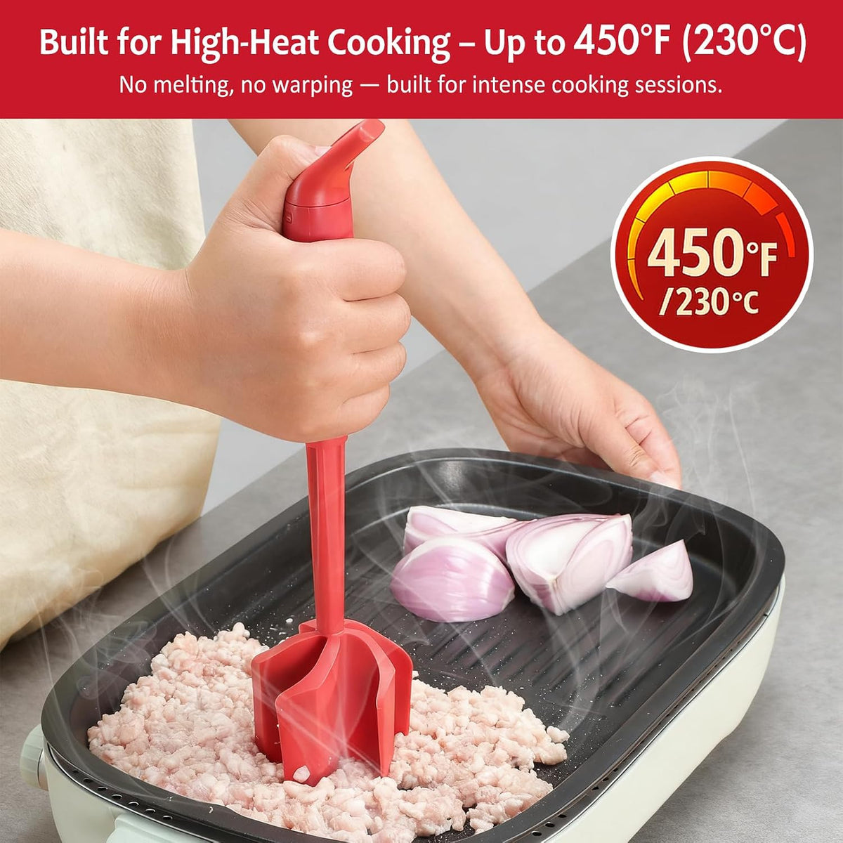 Ourokhome Meat Chopper and Potato Masher, Heat Resistant Nylon Ground Beef Smasher for Hamburger, 5 Curved Blades Nonstick Safe Mixer & Stirrer, Practical Kitchen Gadgets, Mint