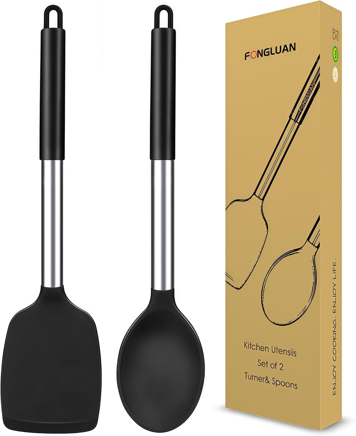 Kitchen Utensils Set of 2, Silicone Cooking Utensils, Turner/Spatula, Spoons - Heat Resistant, Nonstick Cookware, Dishwasher Safe, Black