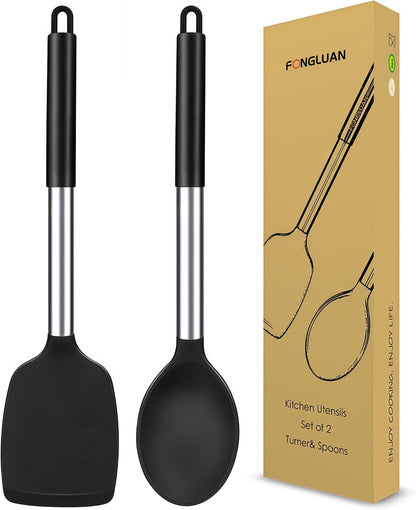 Kitchen Utensils Set of 2, Silicone Cooking Utensils, Turner/Spatula, Spoons - Heat Resistant, Nonstick Cookware, Dishwasher Safe, Black