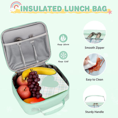 ACESAK Girls Backpack - Bento Box with Insulated Lunch Bag Pencil Case & Utensils Set for Kids, 6 Leakproof Compartments Removable Tray Lunches or Snack Container for School (Green)
