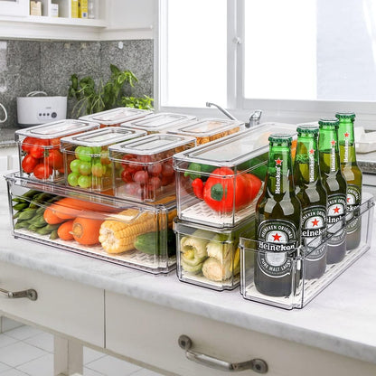 14 Pack Fridge Organizer, Stackable Refrigerator Organizer Bins with Lids PBA-Free, Clear Fridge Organizers and Storage for Kitchen, Countertops, Cabinets, Fridge, Drinks, Fruits, Vegetable, Cereals
