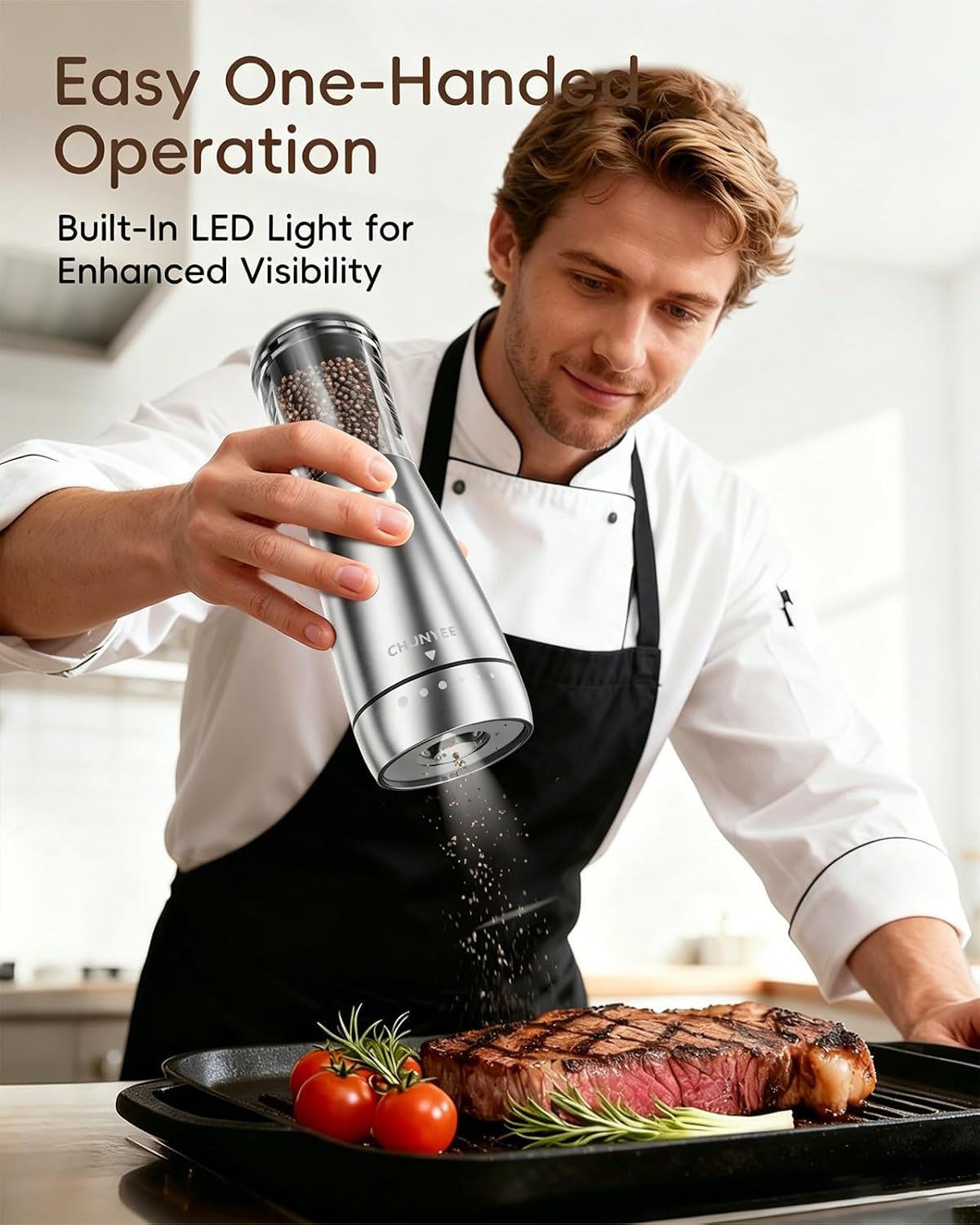 Electric Salt and Pepper Grinder Set - Automatic Stainless Steel Rechargeable Salt and Pepper Grinder Set with Storage Base, Large Capacity, LED Light & Adjustable Coarseness, Ideal Kitchen Gadget