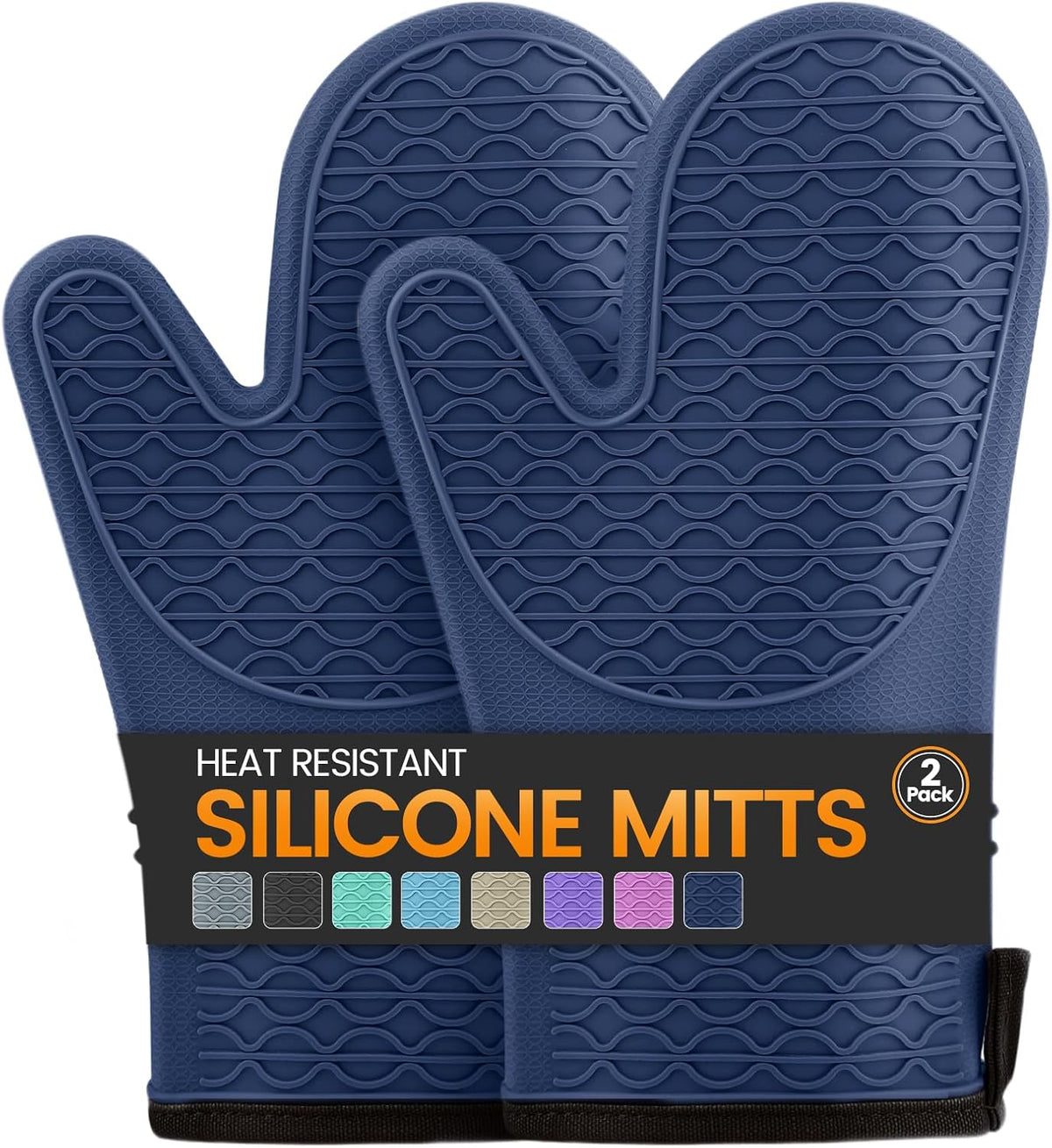 Silicone Oven Mitts, Heat Resistant 2PCS Oven Mitts with Soft Cotton Lining, Waterproof Non-Slip Grip Oven Glove, Kitchen Potholder Mits for BBQ, Baking, Cooking, 12.5 Inch - Grey