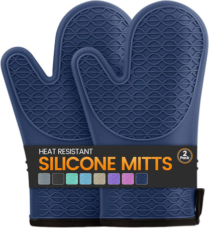 Silicone Oven Mitts, Heat Resistant 2PCS Oven Mitts with Soft Cotton Lining, Waterproof Non-Slip Grip Oven Glove, Kitchen Potholder Mits for BBQ, Baking, Cooking, 12.5 Inch - Grey