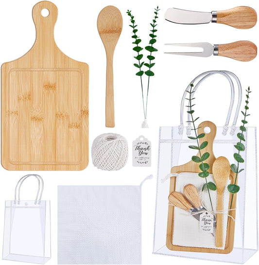 Baby Shower Prizes for Game Winners Bamboo Cheese Board Spoon Fork Butter Spreaders Plaid Towel Thank You Card and Gift Bags for Baby Shower Wedding Bridal Shower Favors (Acacia, 6 Sets)