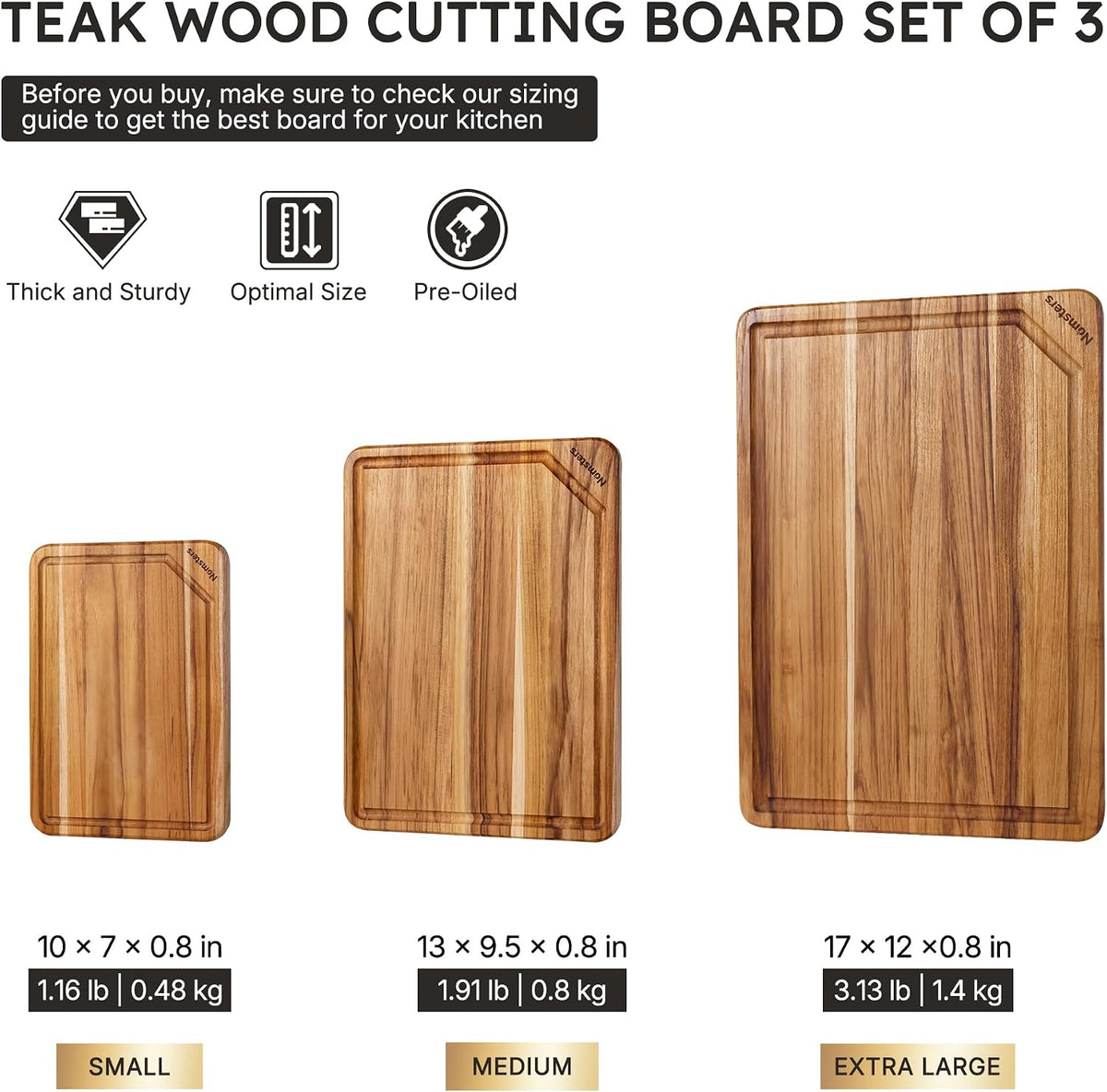 3 Pack Teak Wood Cutting Board Set for Kitchen Charcuterie Board Serving Heavy Duty Non Toxic Slip Hardwood Over Sink Solid Thick Haus Wooden Chopping Board Large Big Small Meat Best Essential Gift