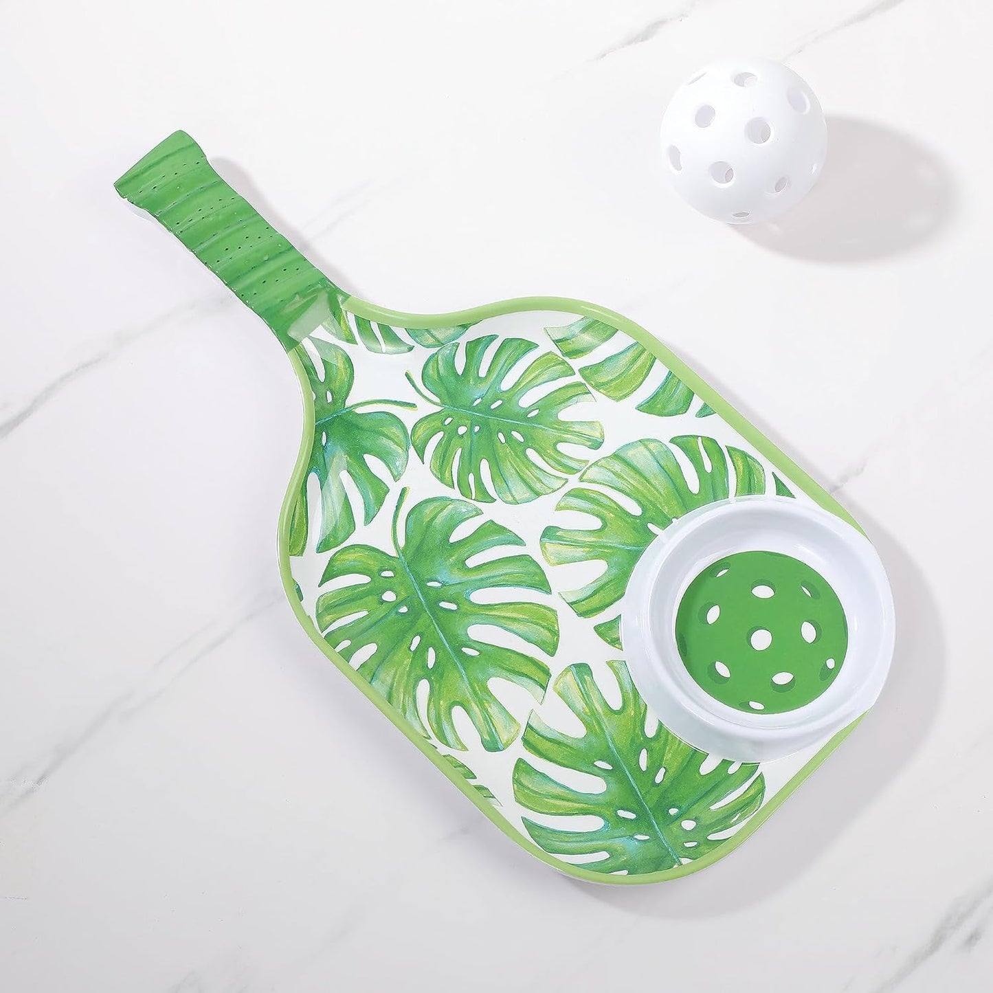 UPware Flamingo Melamine Chip and Dip Snack Tray, Tropical Floral Pickleball Paddle Shape Platter for Chips, Salsa, Fruits, and Appetizers, 15.75 x 8 Inch
