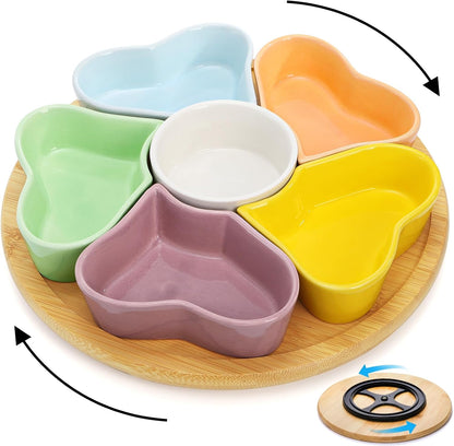 Cididu 11'' Lazy Susan Serving Tray, Ceramic 360° Rotating Serving Tray Platters, Removable Divided Appetizer Relish Dish, Heart Shape Snack Bowl Set for Party Kitchen Fruit Veggies Cheese, 7 Pieces