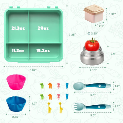 JSLOVE Bento Lunch Box with Leak Proof Thermos Food Jar for Kids, Food Lunch Containers for Boys with 4 Compartments, BPA-Free with Utensils, Food Picks, Sauce Jar & Silicone Lunch Box Dividers