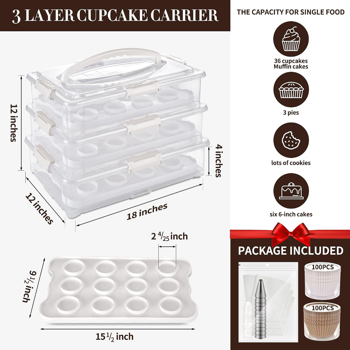 ARC 3-tiers White Cupcake Carrier, Holds up to 36 Cupcakes or 3 Large Cakes