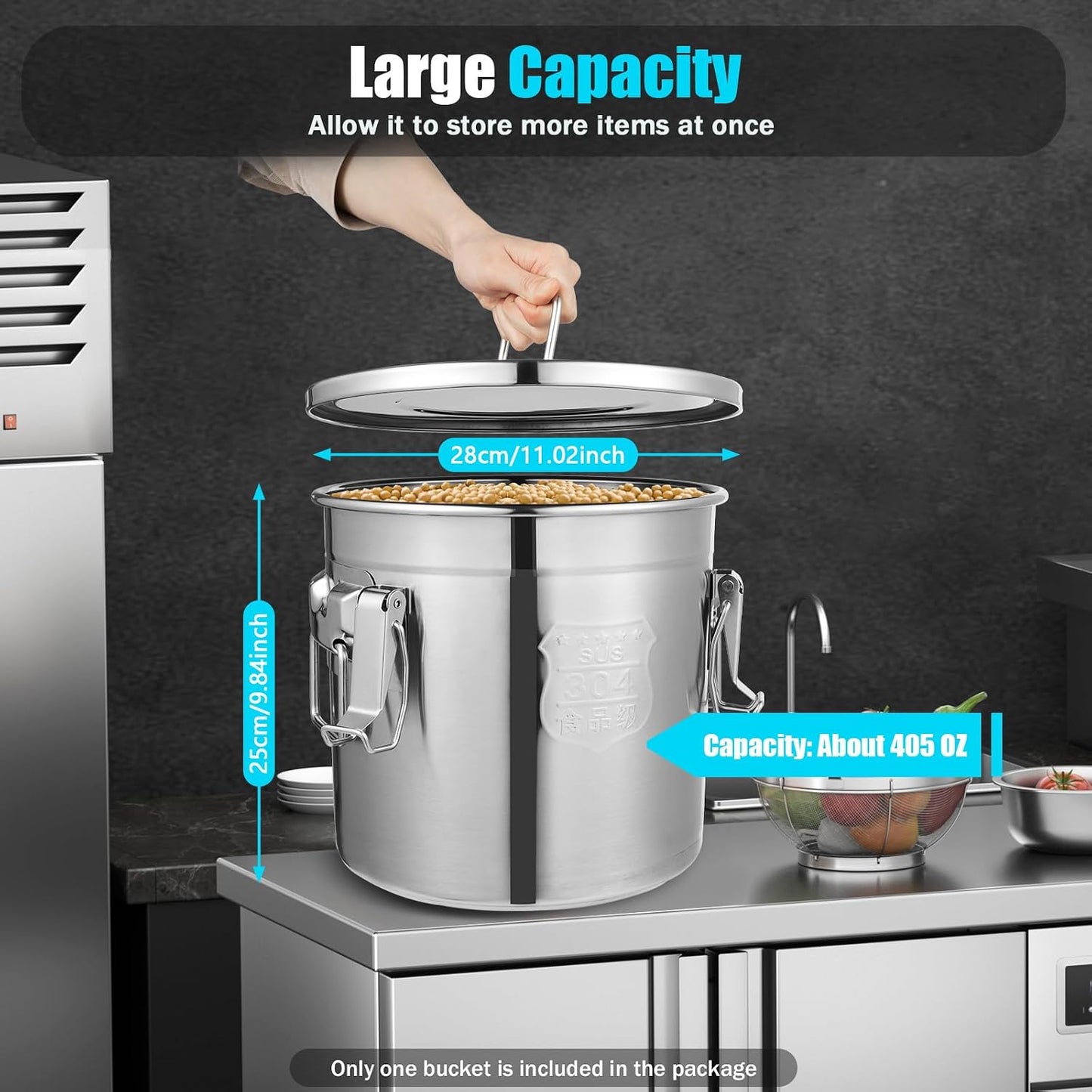 DYNAMI 12.7Gal 304 Stainless Steel Rice Storage Container,Extra Large Food Grade Canister,40-90Lbs Sealed Rice Bucket with Airtight Lid and Locking Buckle,for Rice, Flour, Grain (48L)