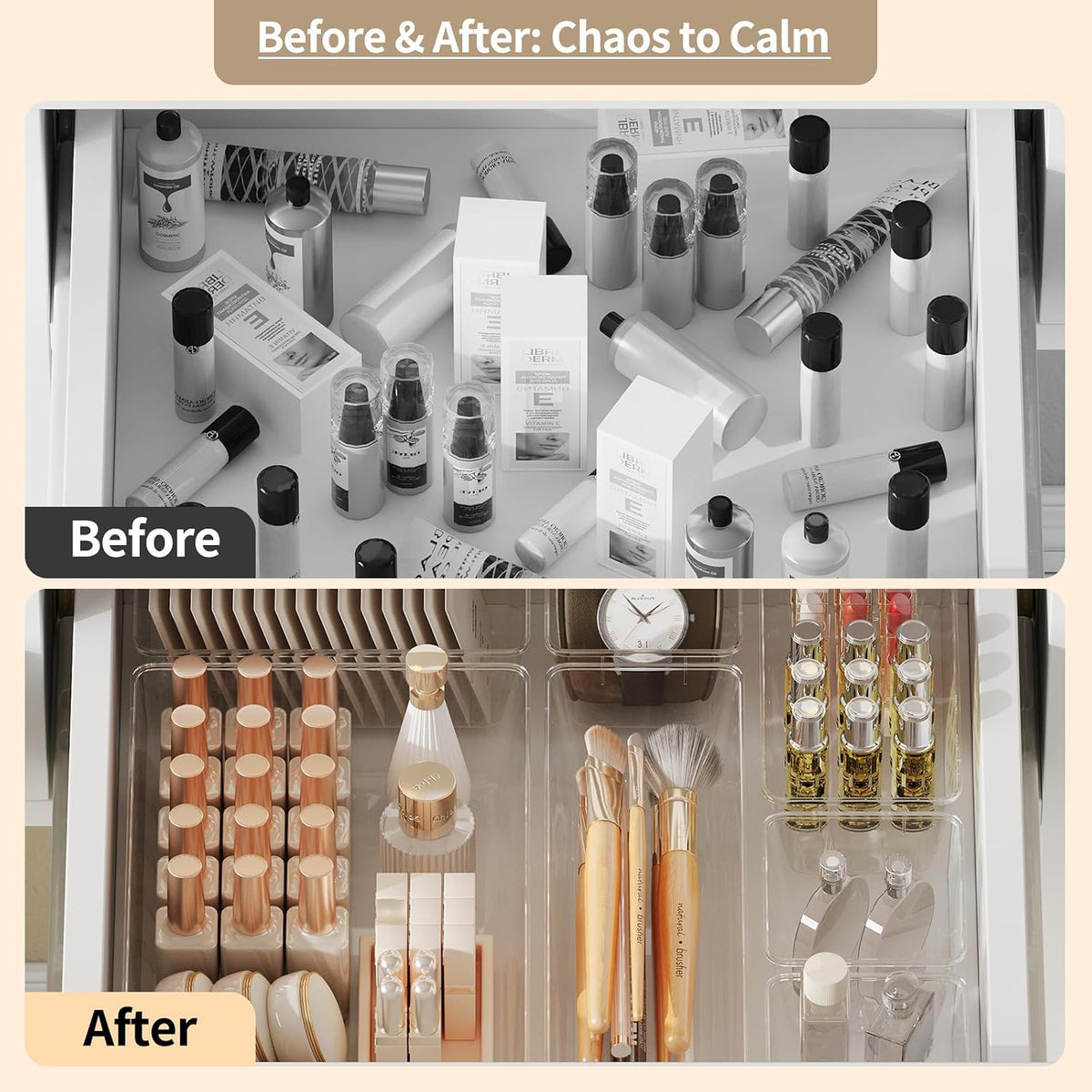 Yanosaku 25 PCS Clear Plastic Drawer Organizer Set, 4 Sizes Vanity Organizers, Desk Drawer Divider Organizers and Storage Bins for Makeup, Jewelry, Gadgets for Kitchen, Bathroom, Office