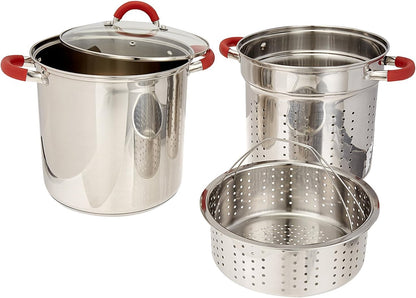 ExcelSteel 8 Qt Multifunction Stainless Steel Pasta Cooker with Encapsulated Base, Vented Glass Lid, and Riveted Silicone Covered Handles