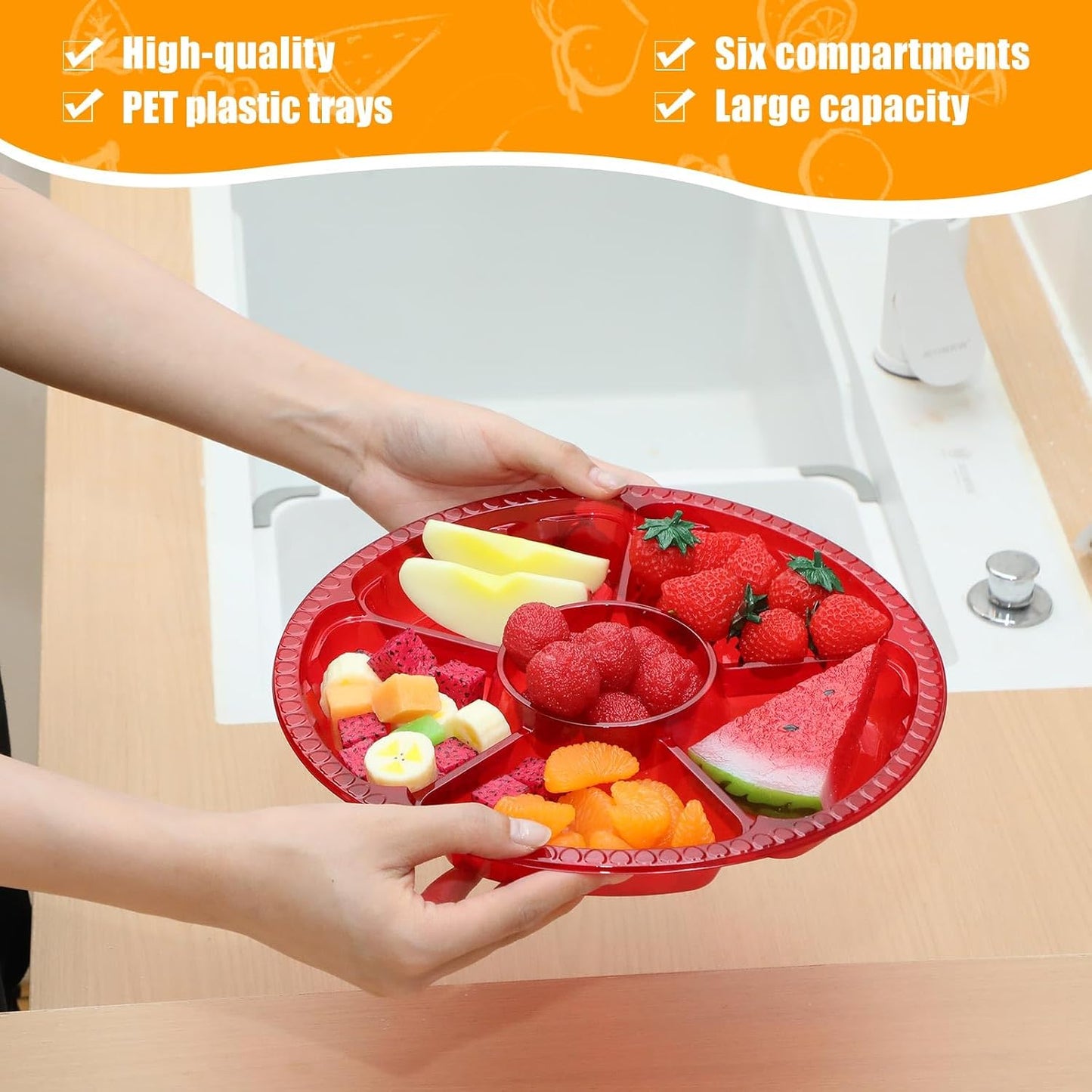 Rtteri 36 Pcs Round Catering Trays with Lids Divided Serving Trays 6 Compartment Disposable Plates Plastic Appetizer Traysplatters Food Storage Containers for Christmas Party Fruit Buffet (Black)