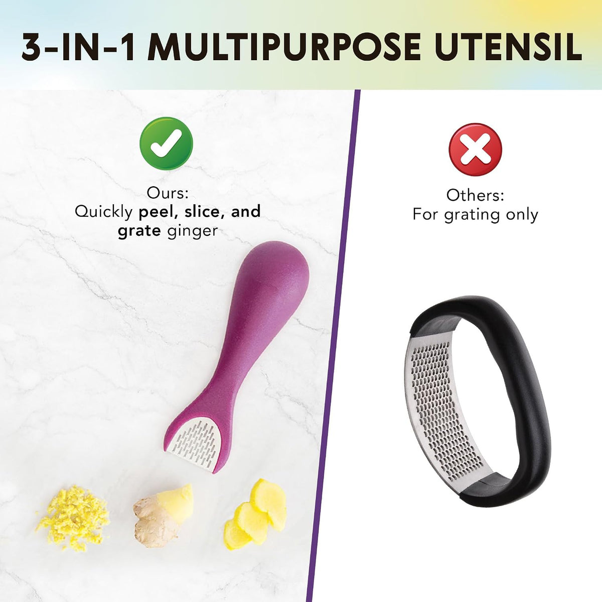 Talisman Designs 3-in-1 Ginger Peeler | Grater & Sliver | Grate Ginger, Garlic, Turmeric & Nutmeg | Easy to Use Kitchen Utensil Tool | Stainless Steel Hand Held Grater