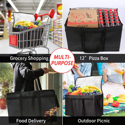 Insulated Food Delivery Bag, XXXL Insulated Reusable Grocery Cooler/Hot Bags, Tote Bag for Shopping/Travel/Doordash, Catering Bag Doordash 22x14x13, Black, 1-Pack